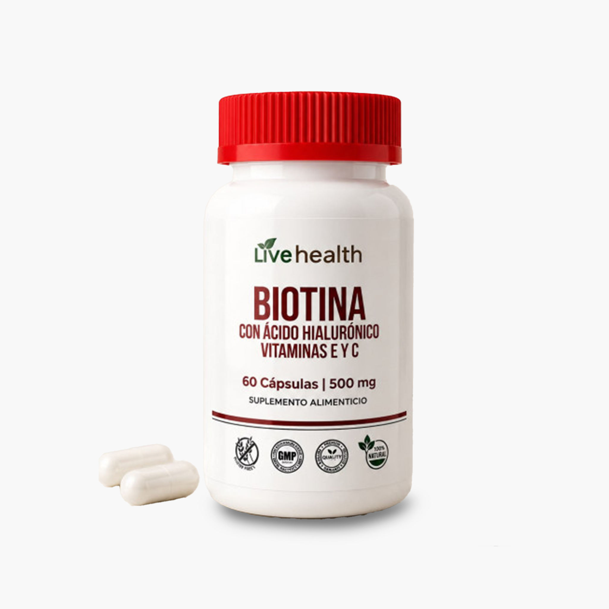 Biotina con Acido Hialuronico Vitaminas E y C, 60 cápsulas